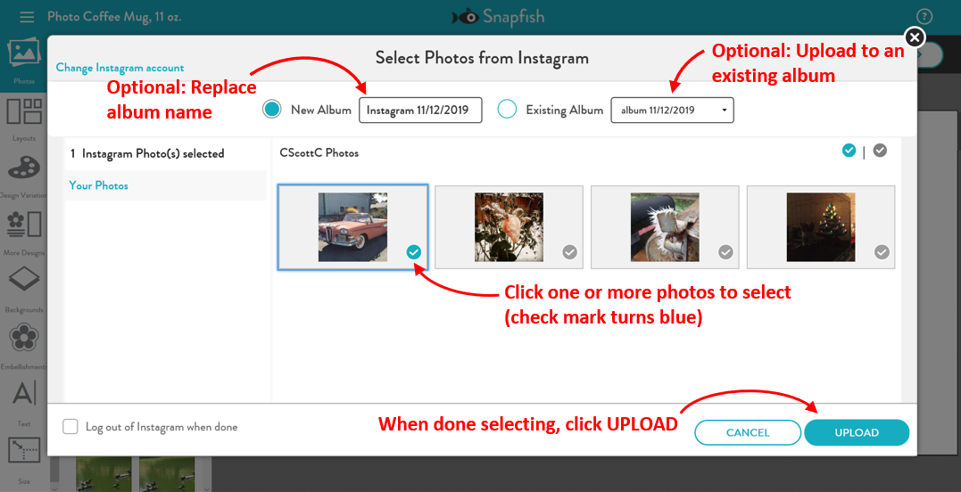 Selecting and uploading from Instagram
